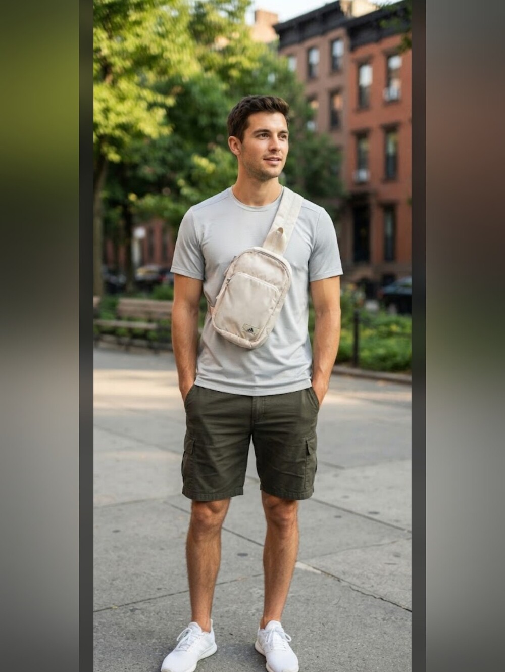 Adidas Essentials Sling Crossbody Bag Beige Multi Pocket Strap Pouch